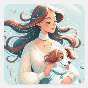 Pegatina Cuadrada Whimsical Brunette & Cavalier King Charles Spaniel