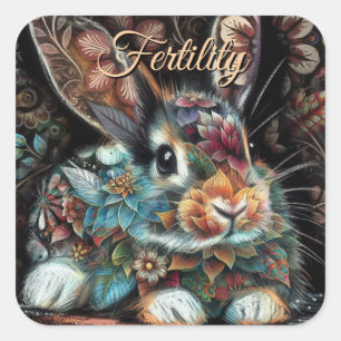 Pegatina Cuadrada Whimsical Bunny Rabbit Floral Resumen Verde azulad