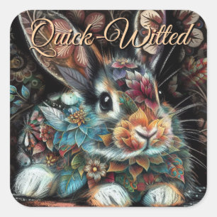 Pegatina Cuadrada Whimsical Bunny Rabbit Floral Resumen Verde azulad