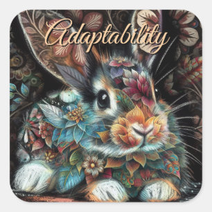 Pegatina Cuadrada Whimsical Bunny Rabbit Floral Resumen Verde azulad