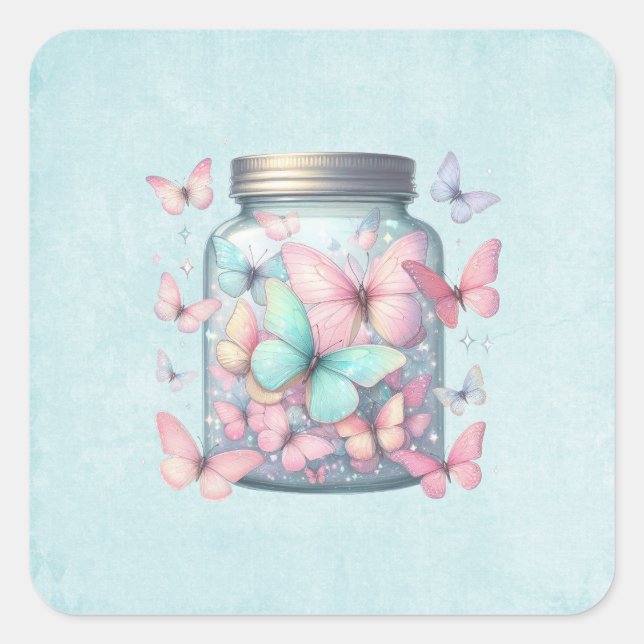 Pegatina Cuadrada Whimsical Butterflies in a Jar (Anverso)