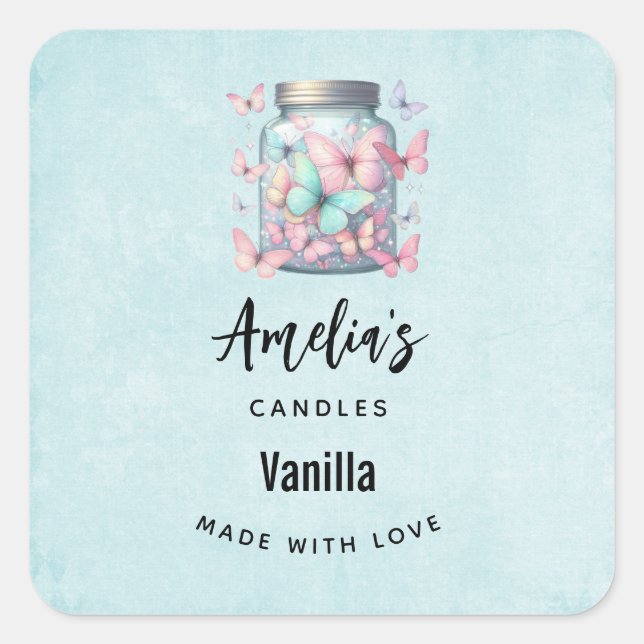 Pegatina Cuadrada Whimsical Butterflies in a Jar - Candle Business (Anverso)