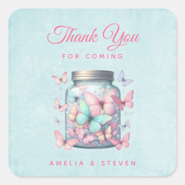 Pegatina Cuadrada Whimsical Butterflies in a Jar Wedding Thank You (Anverso)