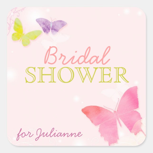 Pegatina Cuadrada Whimsical Butterfly Pink Bridal Shower (Anverso)
