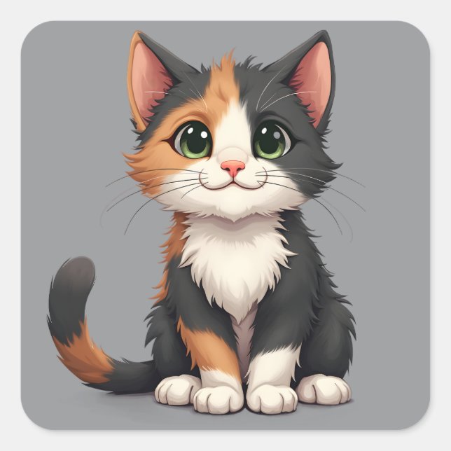 Pegatina Cuadrada Whimsical Calico Kitten con Cattitude (Anverso)