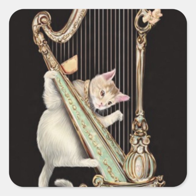 Pegatina Cuadrada Whimsical Cat – Ornate Harp Sticker (Anverso)