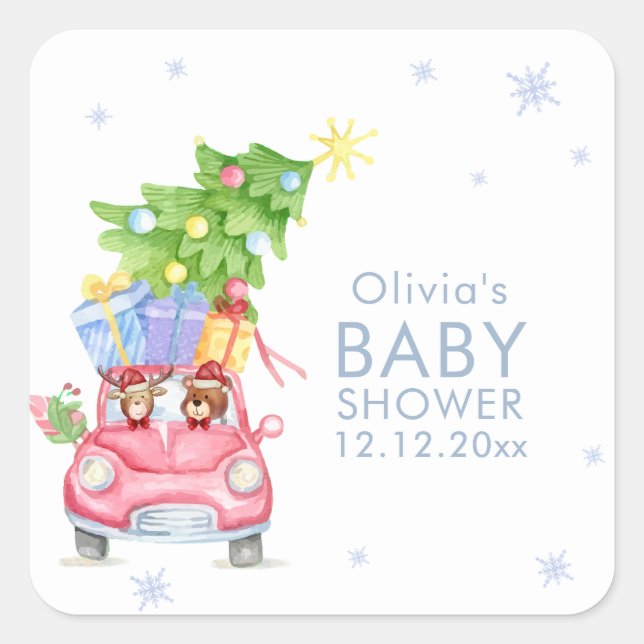 Pegatina Cuadrada Whimsical Cold Outside Reindeer Bear Baby Shower  (Anverso)