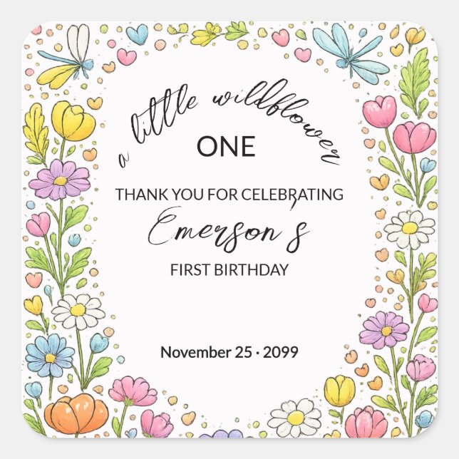 Pegatina Cuadrada Whimsical Colorful Little Wildflower 1st Birthday  (Anverso)