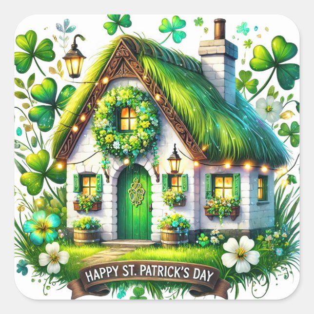 Pegatina Cuadrada Whimsical Cottage St Patricks Day Ilustracion (Anverso)