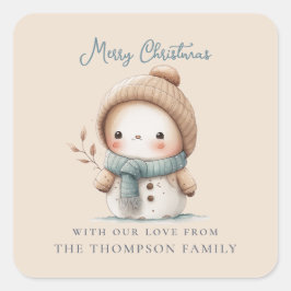 Pegatina Cuadrada Whimsical Cuato Snowman nombra Feliz Navidad