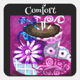 Pegatina Cuadrada Whimsical Cup of Coffee Resumen de pintura morada