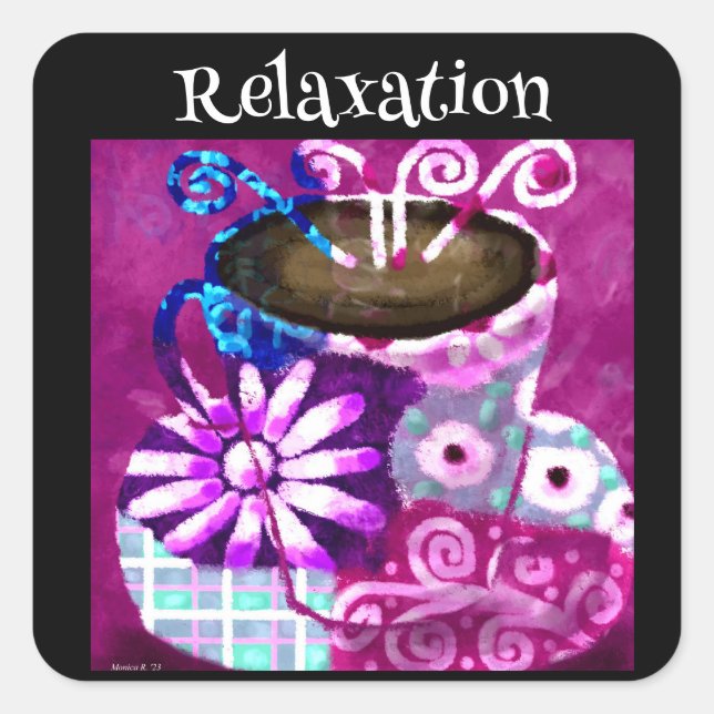 Pegatina Cuadrada Whimsical Cup of Coffee Resumen de pintura morada (Anverso)