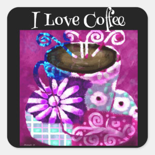 Pegatina Cuadrada Whimsical Cup of Coffee Resumen de pintura morada
