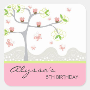 Pegatina Cuadrada Whimsical Cupcakes Tree Butterflies Dulce Cumpleañ