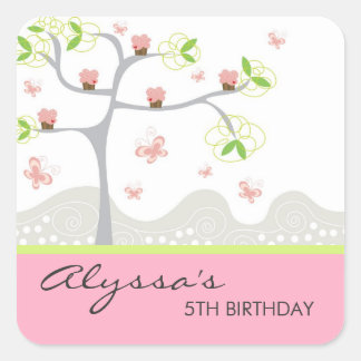 Pegatina Cuadrada Whimsical Cupcakes Tree Butterflies Dulce Cumpleañ