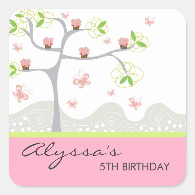 Pegatina Cuadrada Whimsical Cupcakes Tree Butterflies Dulce Cumpleañ (Anverso)
