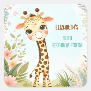 Pegatina Cuadrada Whimsical Cute Giraffe Fiesta de cumpleaños de niñ