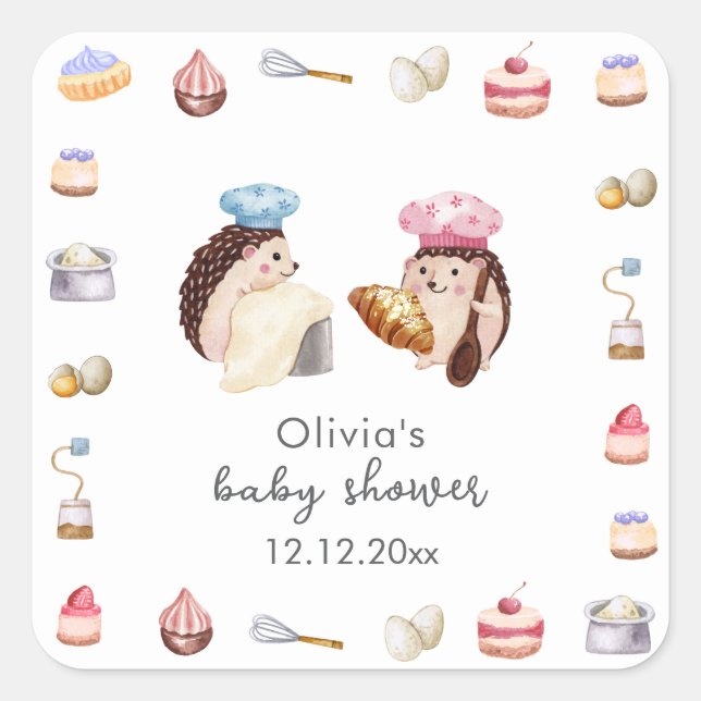 Pegatina Cuadrada Whimsical Cute Hedgehog Chef Baker Baby Shower  (Anverso)