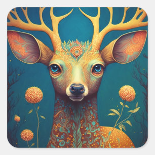 Pegatina Cuadrada Whimsical Deer Fantasy Art