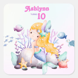 Pegatina Cuadrada Whimsical Elegant Under the Sea Blue Mermaid