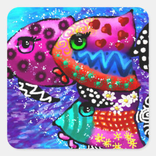 Pegatina Cuadrada Whimsical Fish Trio Colorido Resumen Náutico