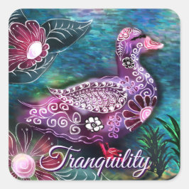 Pegatina Cuadrada Whimsical Floral Duck Purple Teal Personalized