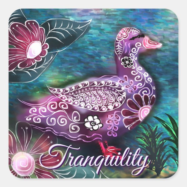 Pegatina Cuadrada Whimsical Floral Duck Purple Teal Personalized (Anverso)