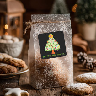 Pegatina Cuadrada Whimsical Folk Christmas Tree PERSONALIZADO Gift