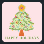 Pegatina Cuadrada Whimsical Folk Christmas Tree PERSONALIZADO Gift<br><div class="desc">Dibujo de un dulce árbol para desear a alguien unas vacaciones felices! Haga clic en "personalizar" para cambiar el texto. Consulta mi tienda para ver más opciones. También disponible como tarjetas de felicitación, postales, envoltura de regalos y descarga digital para enviar instantáneamente por correo electrónico o mensaje de texto. Revisa...</div>