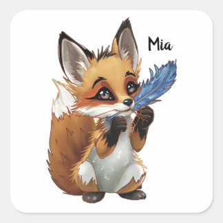 Pegatina Cuadrada Whimsical Fox with a Feather