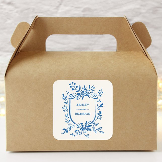 Pegatina Cuadrada Whimsical French Blue Botanical Crest Wedding (Subido por el creador)
