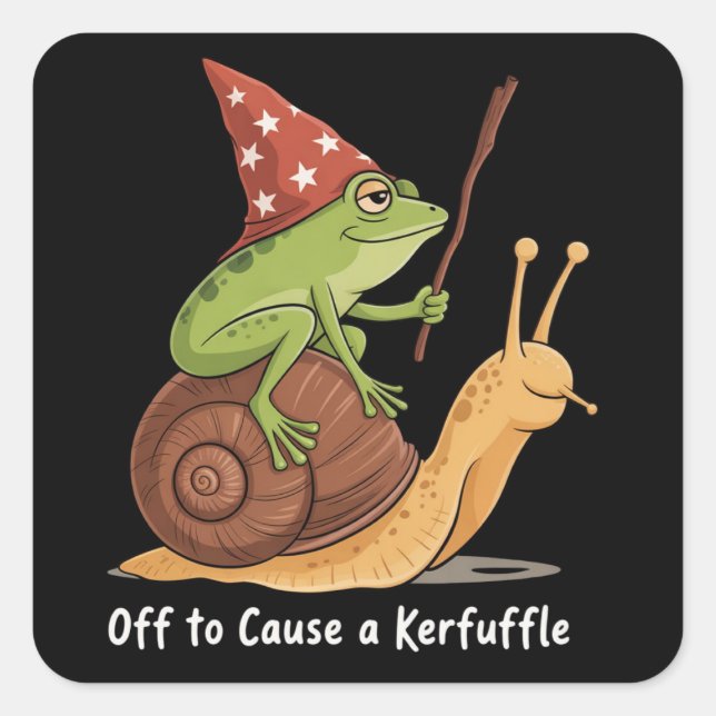 Pegatina Cuadrada Whimsical Frog Wizard Off to Cause A Kerfuffle  (Anverso)