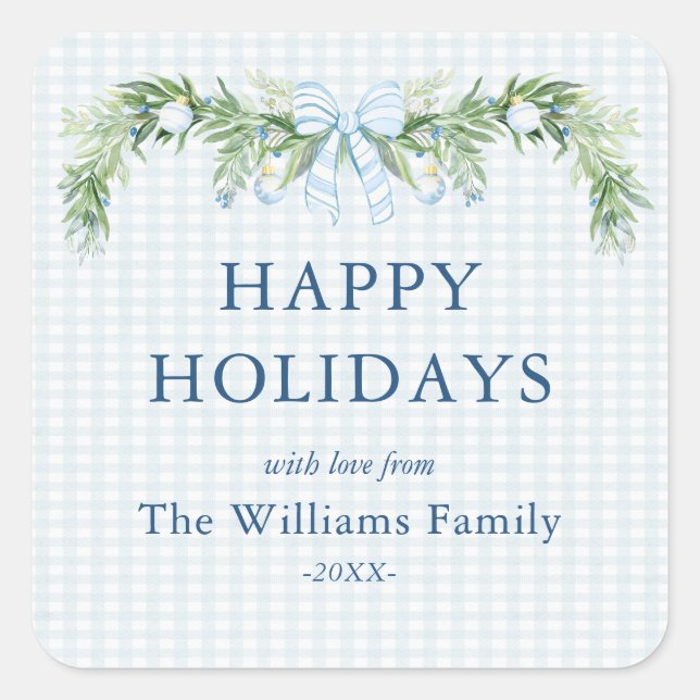 Pegatina Cuadrada Whimsical Grandmillenial Gingham Blue Bow Garland  (Anverso)