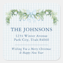 Pegatina Cuadrada Whimsical Grandmillenial Gingham Blue Bow Garland