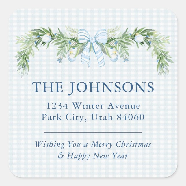 Pegatina Cuadrada Whimsical Grandmillenial Gingham Blue Bow Garland (Anverso)