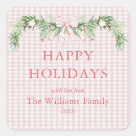 Pegatina Cuadrada Whimsical Grandmillenial Gingham Pink Bow Garland