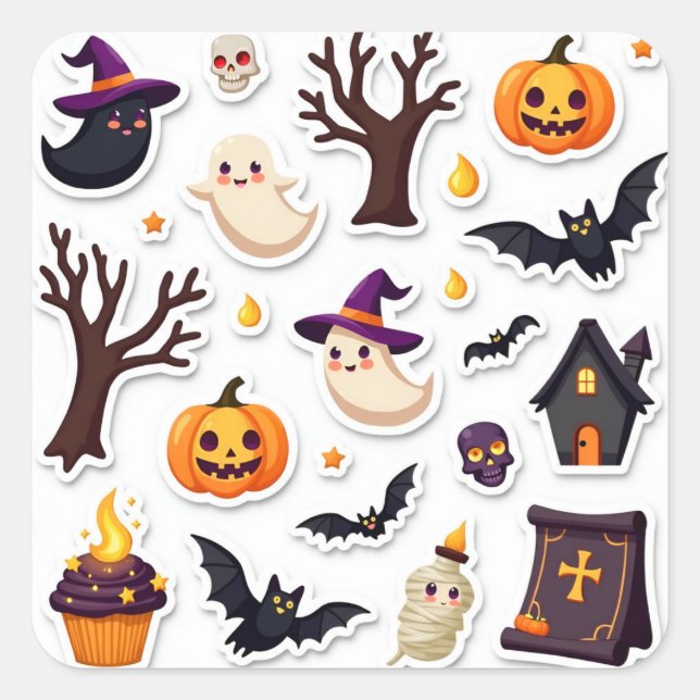 Pegatina Cuadrada Whimsical Halloween Sticker Sheet – Cute Ghosts (Anverso)