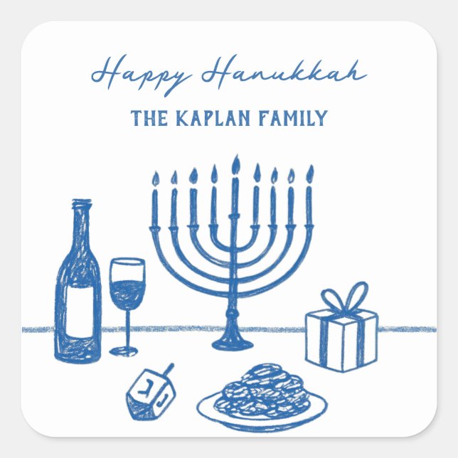 Pegatina Cuadrada Whimsical Hand Drawn Hanukkah Party Trendy Custom (Anverso)