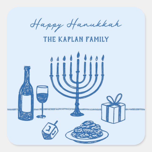 Pegatina Cuadrada Whimsical Hand Drawn Hanukkah Party Trendy Custom (Anverso)