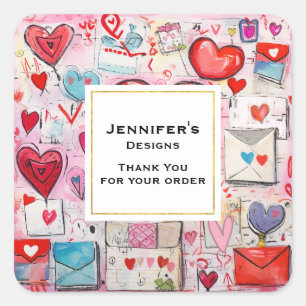 Pegatina Cuadrada Whimsical Hearts and Love Letters Biz Gracias