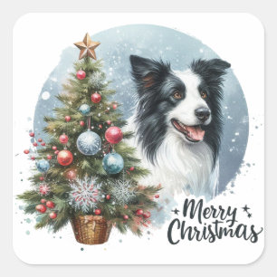 Pegatina Cuadrada Whimsical Herding Border Collie Dog Merry Xmas