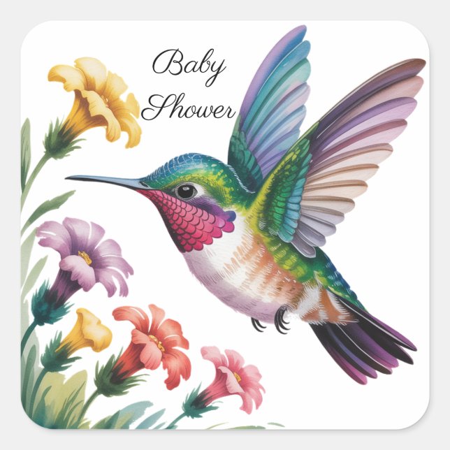 Pegatina Cuadrada Whimsical Hummingbird Floral Baby Shower (Anverso)