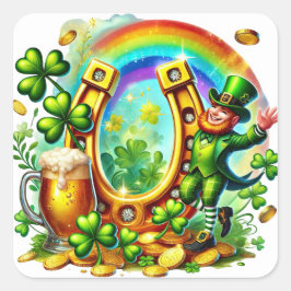 Pegatina Cuadrada Whimsical Leprechaun Horseshoe Clover Ilustracion