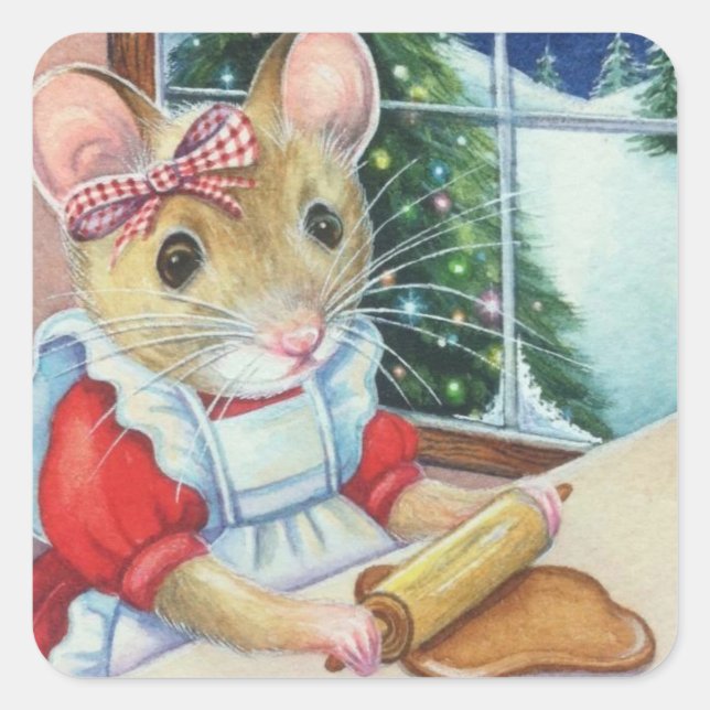 Pegatina Cuadrada Whimsical North Pole Gingerbread Baker Mouse Art (Anverso)