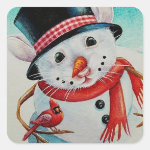 Pegatina Cuadrada Whimsical North Pole Snowman Mouse Watercolor Art
