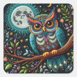 Pegatina Cuadrada Whimsical Owl Faux Embroidery