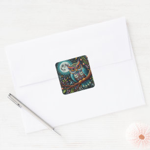 Pegatina Cuadrada Whimsical Owl Faux Embroidery
