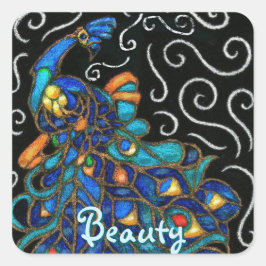 Pegatina Cuadrada Whimsical Peacock Chalk Pastel Bird Personalizado