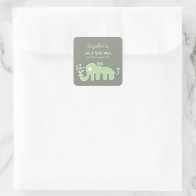 Pegatina Cuadrada Whimsical Personalizado elefante verde Baby Shower (Bolso)