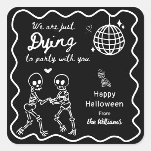 Pegatina Cuadrada Whimsical Quirky mano dibujó esqueleto Halloween